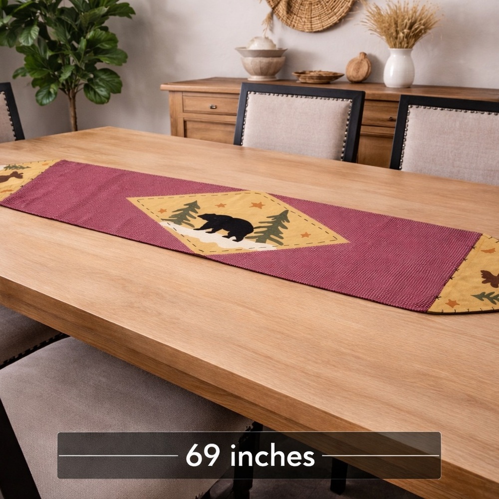 Rustic Lodge Wildlife‎ Table Runner Bear Deer Pine Tree Tapestry Tassel Cabin